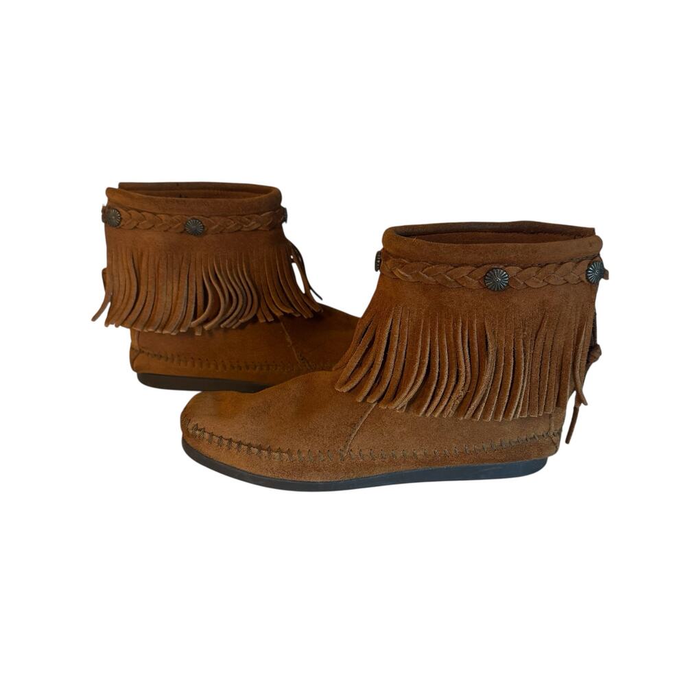 Minnetonka Brown Suede Fringe Ankle Boots Size 6 Boho Western Moccasin